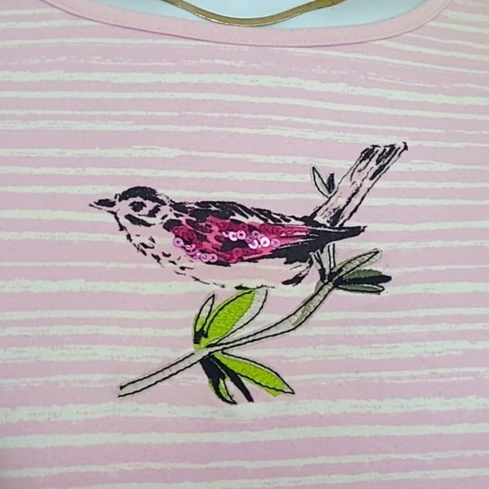 T shirt long sleeve pink white stripe sequin sparrow embroidered branch Medium